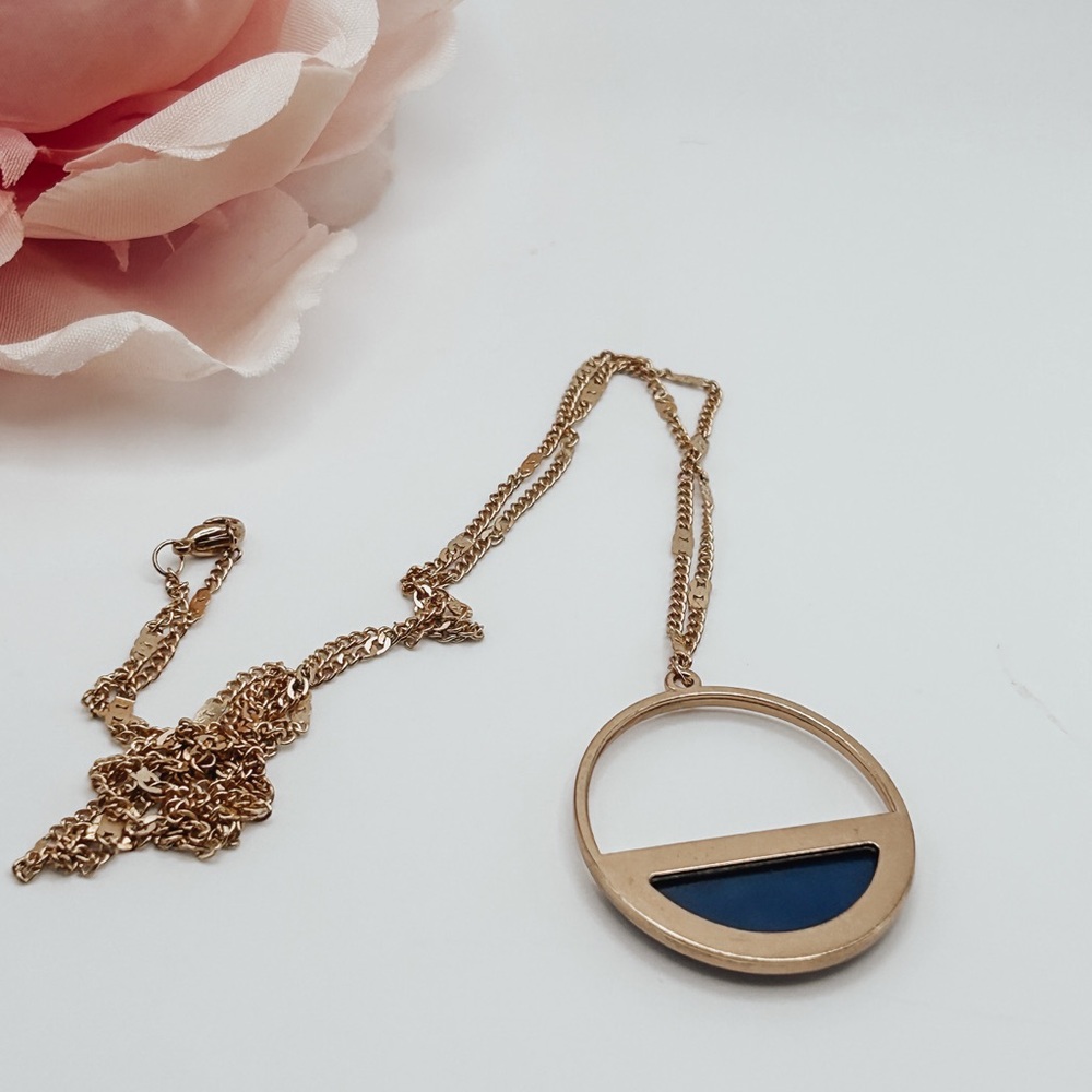 Blue Enamel Circle Pendant Necklace Gold Tone Modern Minimalist Statement